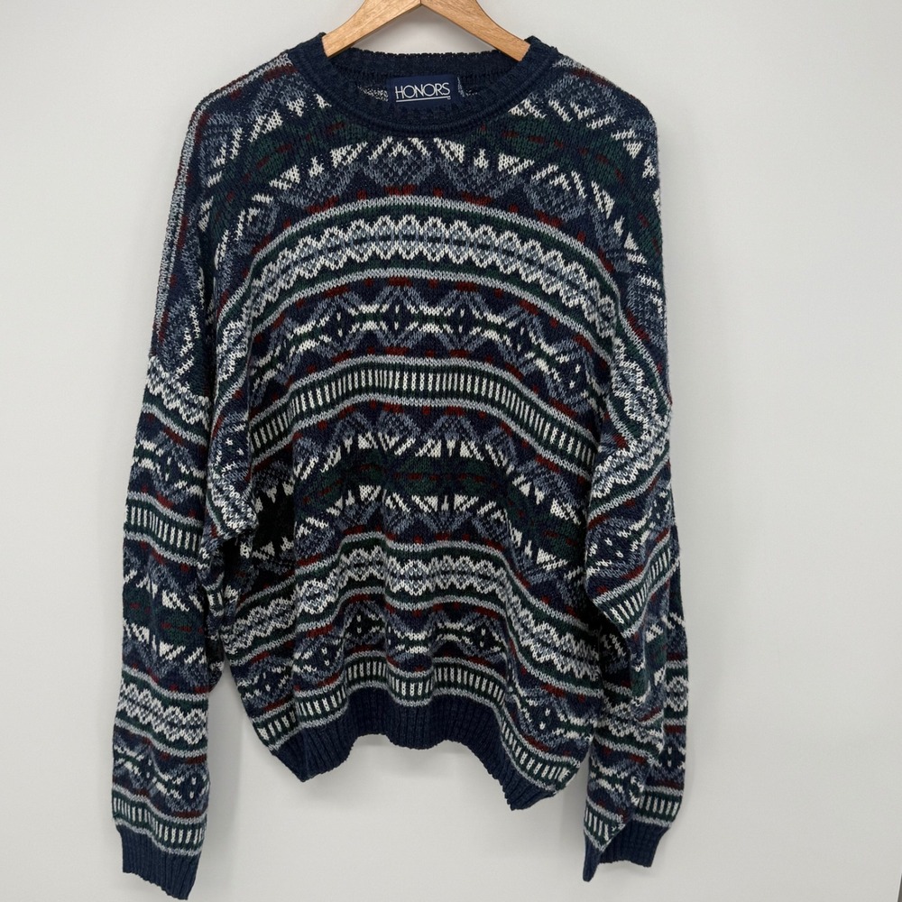 Vintage Honors Mens 3XL Fair Isle Sweater 80s 90s Dad Grandpa  Knit Blue Coogi